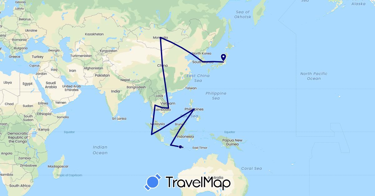 TravelMap itinerary: driving in China, Indonesia, Japan, Cambodia, South Korea, Mongolia, Philippines, Singapore, Thailand, Vietnam (Asia)